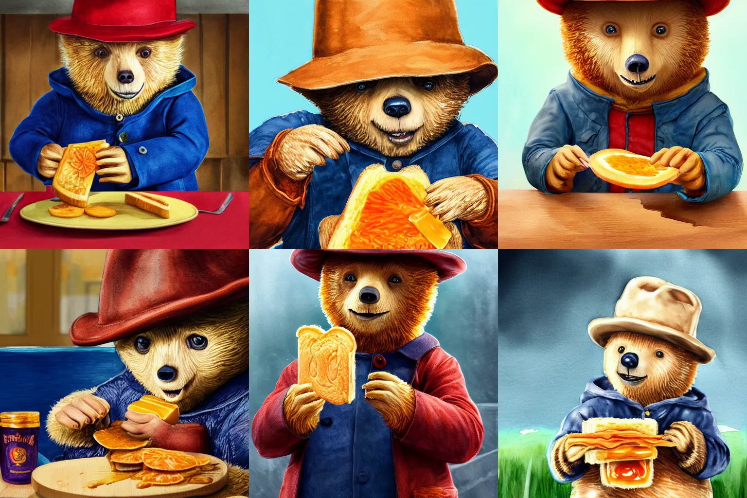 Prompt: paddington bear eating a marmalade sandwich, strong imagery, highly detailed, illustration, highly detailed water colour 8 k, cinematic lighting, hd, high detail, atmospheric, trending on artstation