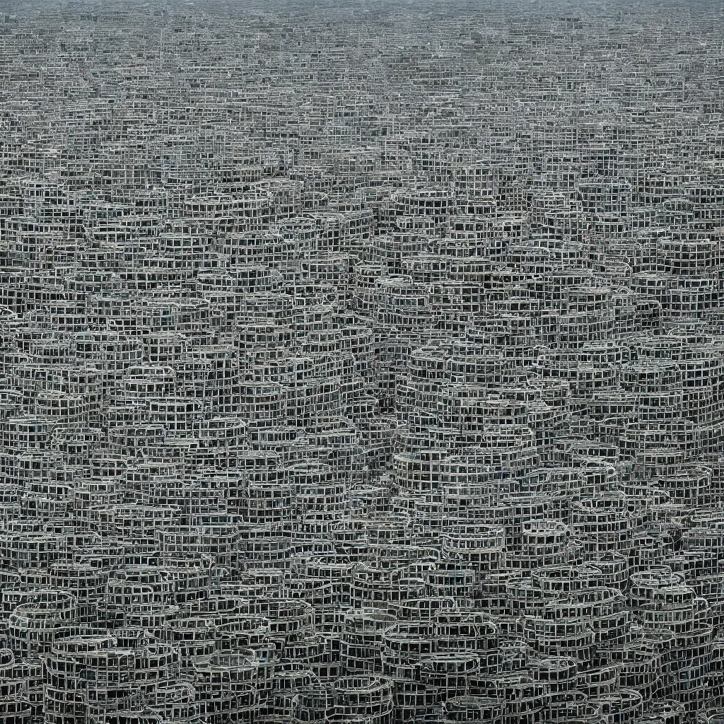 Image similar to a circular tower, made up of makeshift squatter shacks, dystopia, sony a 7 r 3, f 1 1, fully frontal view, photographed by andreas gursky