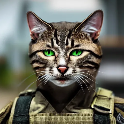 Prompt: cat soldier in call of duty warzone 4k with complete heterochromia brown-green eyes, high detail, high-resolution photograph, professional photography, ultra-detail