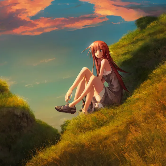 Image similar to Anime Girl Sitting on Edge of Cliff at a Green Valley at Sunset, Golden Hour! Trending on Artstation, Pixiv, Deviant Art!