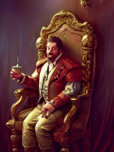 Image similar to a pleasured happy noble man siting in his armchair. intricate, elegant, highly detailed, digital painting, artstation, concept art, sharp focus, illustration, by justin gerard and artgerm, 8 k