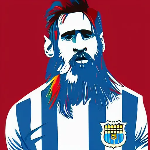 Image similar to messi sitting on a throne with argentina shirt, long beard, digital drawing, fantasy