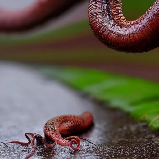 Prompt: earthworm octopus crawling across a sidewalk on rainy day, macro photography, hd, ultra 4 k realistic