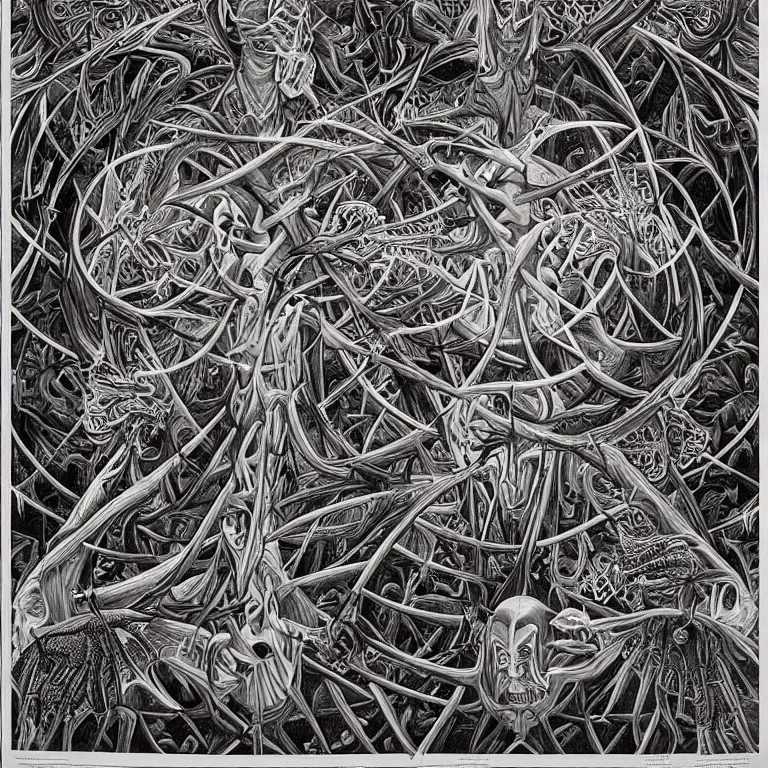 Image similar to meaning of death by Alex Grey and M. C. Escher collaboration