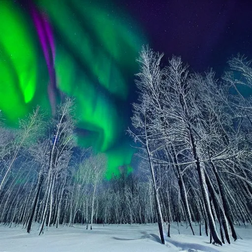 Prompt: frozen forest with aurora lights in the sky, award winning national geographic photograph