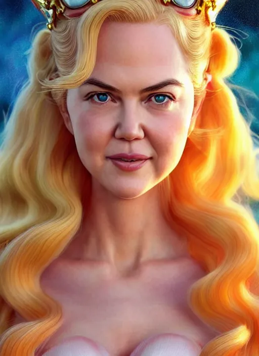 Prompt: polished sweaty princess peach : : young nicole kidman face : : kate upton body : : weta disney pixar movie still portrait photo : : hi - fructose, straps, sci fi, fantasy, decadent highly - detailed digital painting, golden ratio, octane render, artstation, smooth, sharp focus, artgerm, mucha, loish, wlop : :