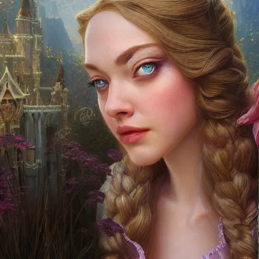 Prompt: beautiful young amanda seyfried as the rapunzel princess, closeup, d & d, fantasy, intricate, elegant, highly detailed, digital painting, artstation, concept art, matte, sharp focus, illustration, art by artgerm and greg rutkowski and alphonse mucha