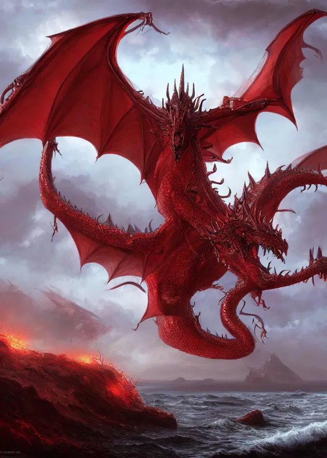 Prompt: a highly detailed matte painting of a seven - headed red dragon rising from the sea, 8 k hd, concept art, artstation, deviantart, cg society,