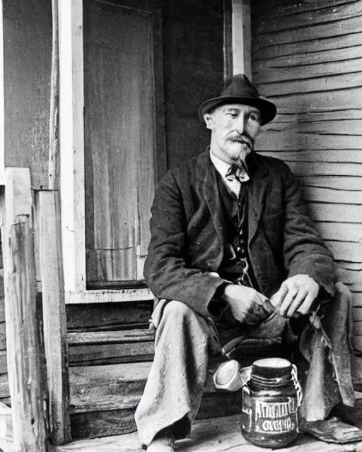 Image similar to “a black and white photograph of an Appalachian bootlegger during prohibition, sitting on the porch with a jar of moonshine next to him, realistic, vintage, antiqued look, grainy film”