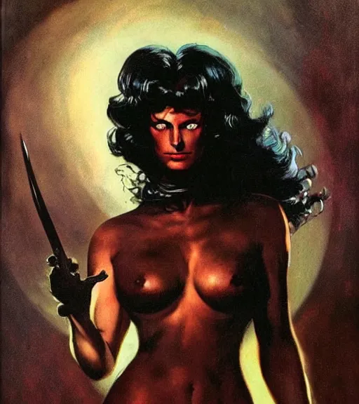 Prompt: seventies horror actress, dark night, strong line, deep color, beautiful! coherent! by brom, by frank frazetta,