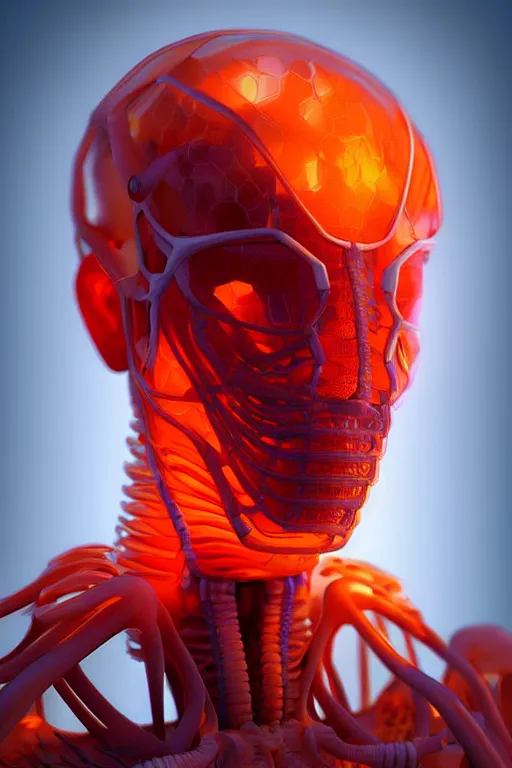 Image similar to hyperrealistic close-up translucent intricate exoskeleton!! sad chinese man covered highly detailed concept art eric zener elson peter cinematic side soft orange light high angle hd 8k sharp shallow depth of field