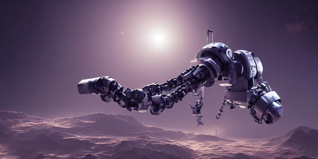 Image similar to 3 d concept art, a robot extends a robot arm to reclaim a satellite, in space, science fiction, ultra clear material, volumetric light, lightrays, cinematic, atmospheric, octane render, cinematic lighting, intricate details, trending on artstation, featured on behance.