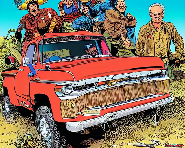 Prompt: a portrait of an old pickup truck by arthur adams and geof darrow and mike deodato and al feldstein and moebius and chip zdarsky