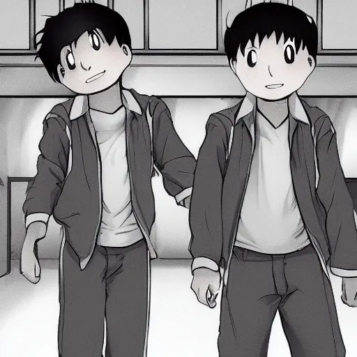 Prompt: two boys explore a haunted school at night, anime, animated