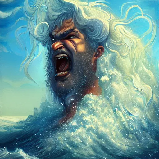 Image similar to portrait of proud and screaming Poseidon rising from the ocean, ready to fight, fantasy painting, artstation