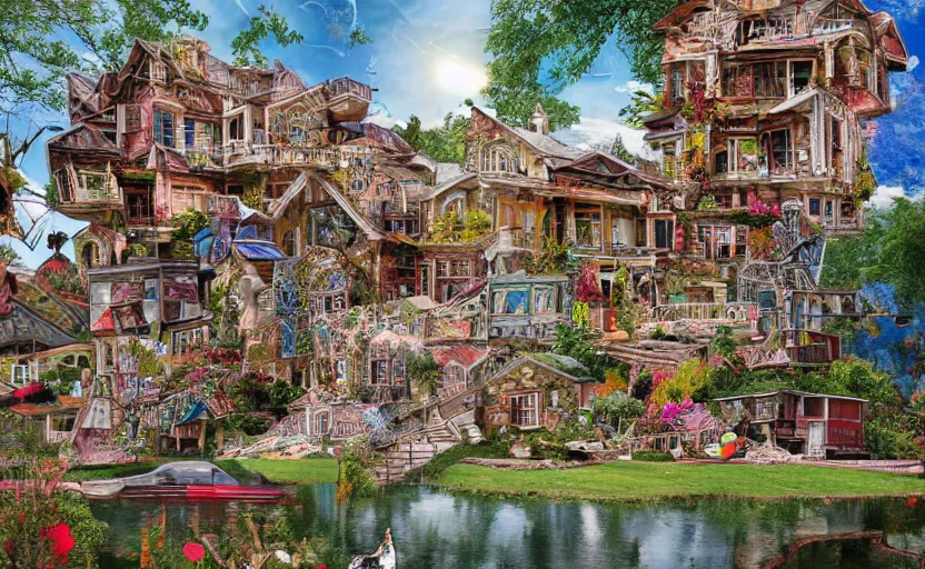 Prompt: hyperdetailed home, seen from the distance. along a maximalist river made of paper and unexpected interesting elaborate fabric elements. 8 x 1 6 k hd mixed media 3 d collage in the style of a childrenbook illustration in soft natural tones. matte background no frame hd