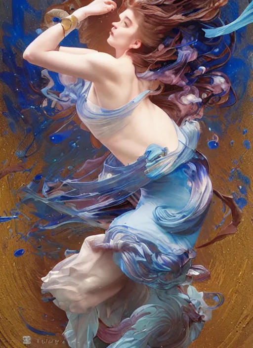 Prompt: cinderella, blue, splash aura in motion, floating pieces, painted art by tsuyoshi nagano, greg rutkowski, artgerm, alphonse mucha, spike painting