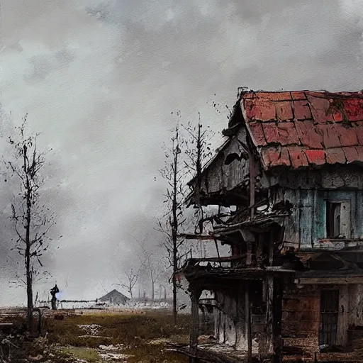 Image similar to painting by jakub rozalski of abandoned eastern european village