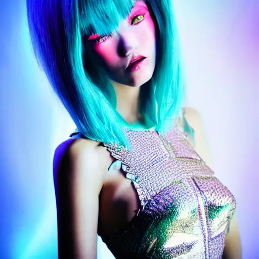 Prompt: “photo portrait of the most beautiful alien robot elf girl in the world. I can’t believe how she’s beautiful. She is in gorgeous haut couture dresses. Cyberpunk. Synthwave. 8K. Hyperdatailed portrait”