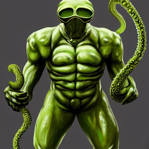 Prompt: hyper - realistic and detailed portrait of green alien soldier with tentacles and weapons