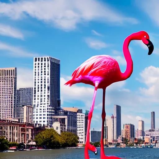 Image similar to photo of giant flamingo attacking a city