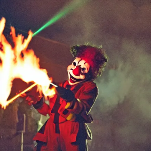 Image similar to photo of a clown using a flamethrower projecting a long flame. Cinematic, epic