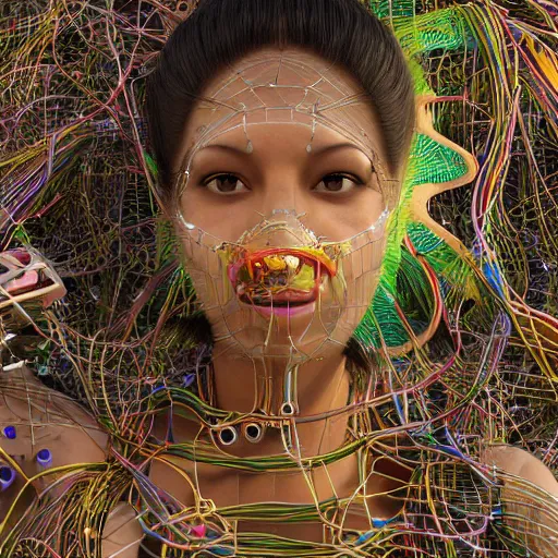 Prompt: swimming deeper into the multiverse, piles of modular synth cables mixed with mangrove roots, kawaii puerto rican goddess emergent wearing a headpiece made of circuit boards, by cameron gray, wlop, stanley kubrick, masamune, hideki anno, jamie hewlett, unique perspective, trending on artstation, 3 d render, vivid