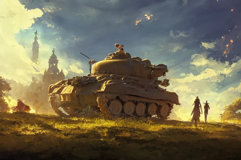 Image similar to an ornate baroque church built on top of a tank. scene in an open field. key visual, conceptart, ambient lighting, highly detailed, digital painting, artstation, concept art, sharp focus, by makoto shinkai and akihiko yoshida and greg manchess