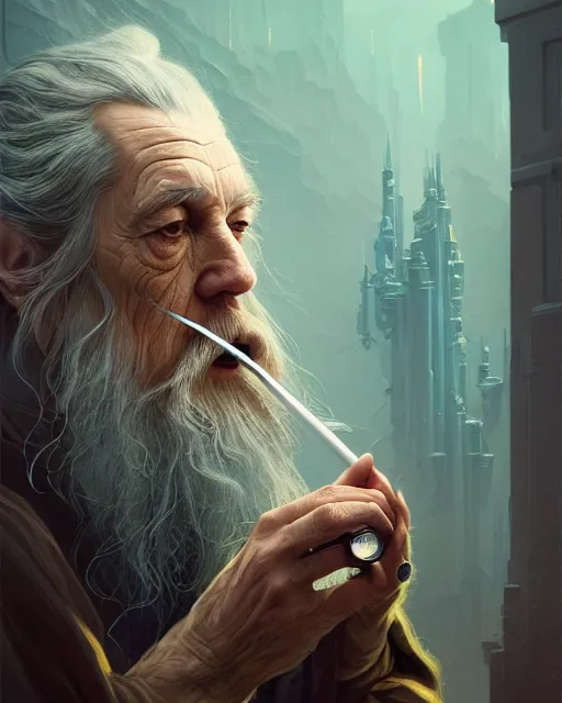 Image similar to portrait of gandalf smoking bong, intricate abstract. intricate artwork, by tooth wu, wlop, beeple, dan mumford. concept art, octane render, trending on artstation, greg rutkowski very coherent symmetrical artwork. cinematic, key art, hyper realism, high detail, octane render, 8 k, iridescent accents