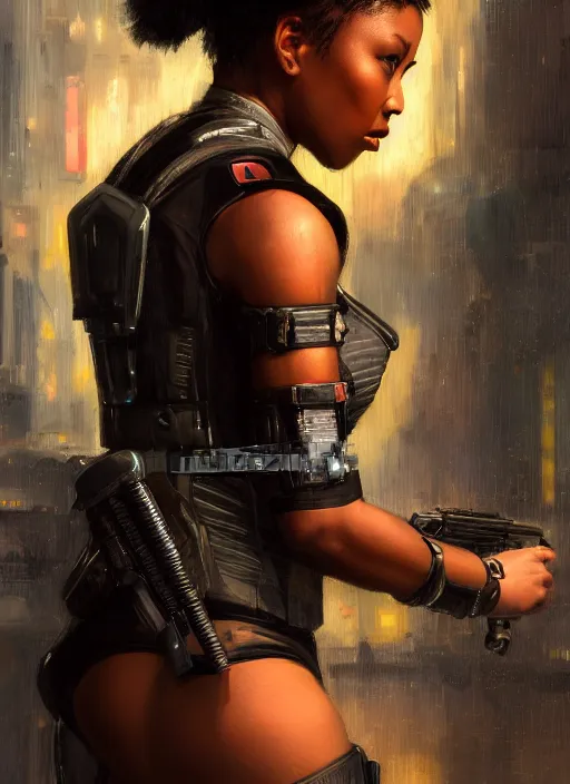 Image similar to black chun li. cyberpunk police trooper in a military vest ( blade runner 2 0 4 9, cyberpunk 2 0 7 7 ). orientalist portrait by john william waterhouse and james gurney and theodore ralli and nasreddine dinet, oil on canvas. cinematic, hyper realism, realistic proportions, dramatic lighting, high detail 4 k