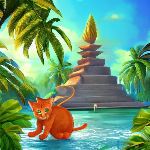 Prompt: Tropical Island Temple Cats, Digital Drawing, Trending on Artstation