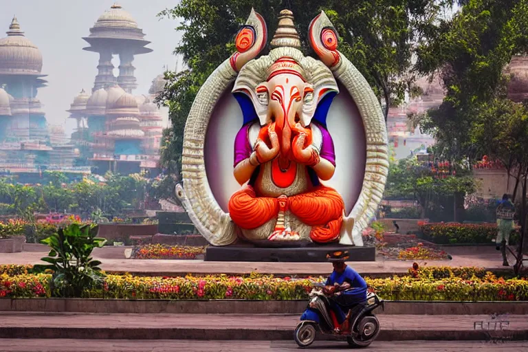 Image similar to beautiful futuristic new delhi, sharp sci - fi ganesha!! building, kalighat flowers, highly detailed cinematic, stephen shore & john j. park, soft morning light, wide shot, high angle, uhd 8 k, shallow depth of field