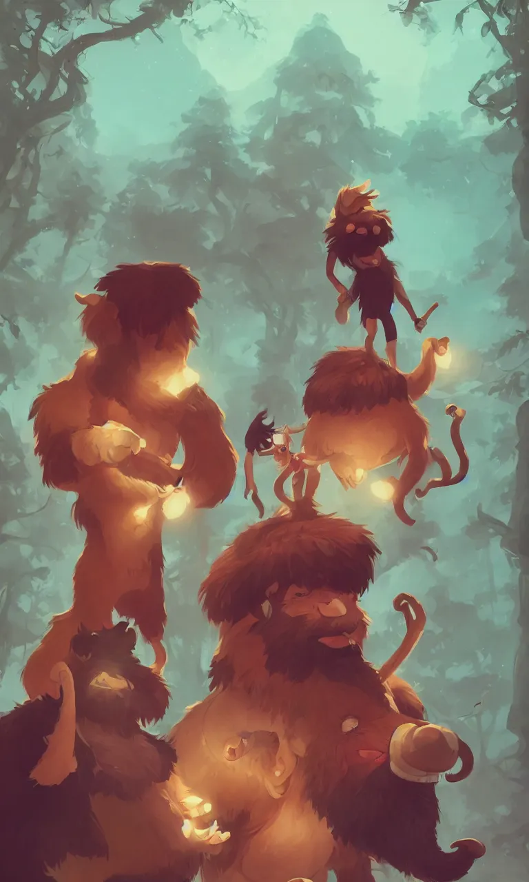 Image similar to a caveman using an iphone while a wooley mammoth and sabertooth tiger look over his shoulder at the glowing screen, ambient lighting, 4k, lois van baarle, ilya kuvshinov, rossdraws, artstation