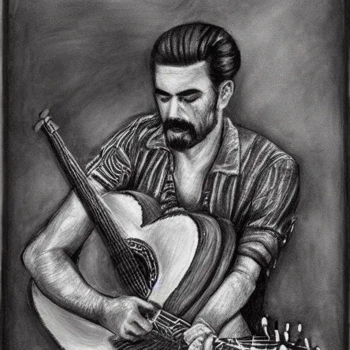 Prompt: an _ extremely _ detailed _ masterpiece _ grunge _ drawing _ of _ a rebetiko bouzouki player _ in _ the _ style _ of _ richard _ avedon