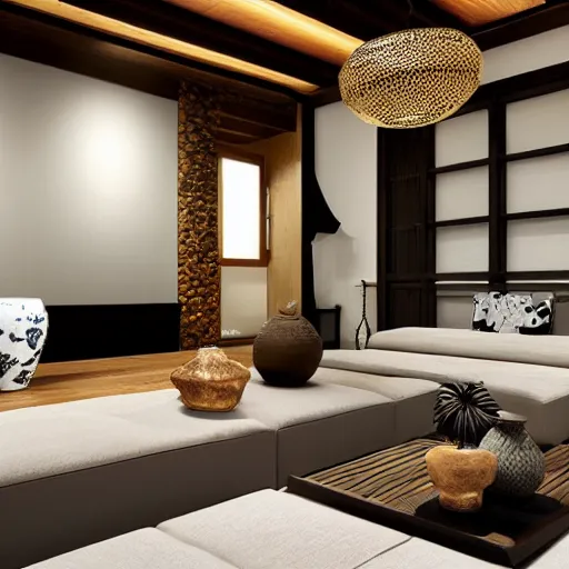 Image similar to lounge and dining room, stone, interior design, stylish luxury hotel living room design, yakisugi, black vertical slatted timber, textures, feminine, black walls, art, Japanese pottery vase with flowers, kakejiku, seasonal, Japanese influences