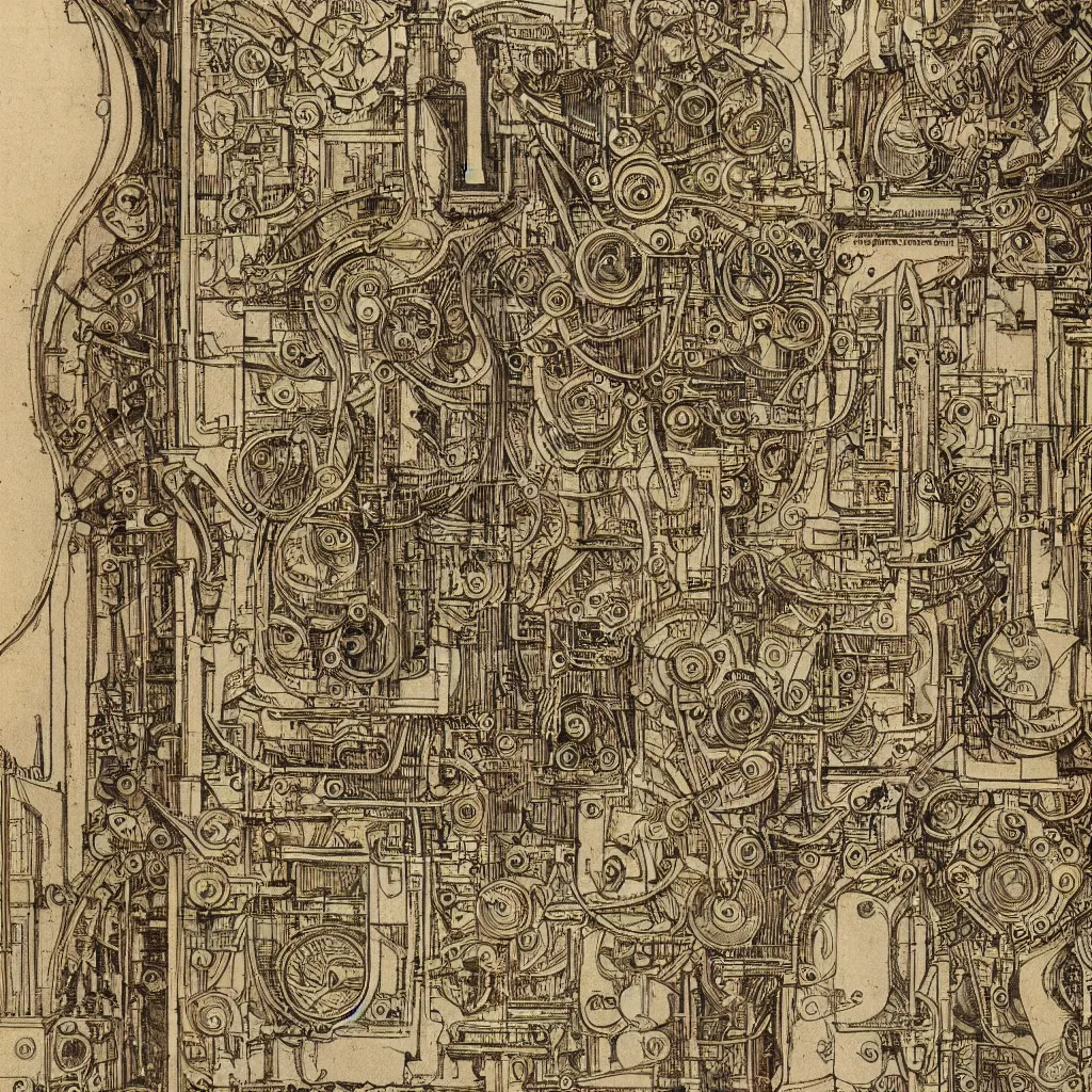 Prompt: close - up on detailed, intricate technical drawings from 1 8 4 0 with extensive written labels and covered in scribbled pencil notes, for a mechanical display attachment to babbage's difference engine, showing a screen playing tetris, beautiful, symmetric, art nouveau