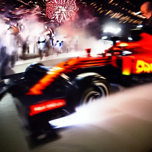 Image similar to portrait of max verstappen getting out of a mercedes f 1 car, dramatic shot, great photography, ambient light, night time, fireworks in the background