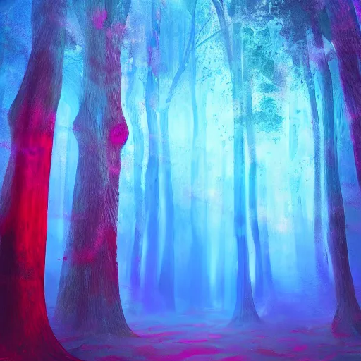 Image similar to portrait of an ethereal forest made of blue and red light, divine, cyberspace, mysterious, dark high-contrast concept art