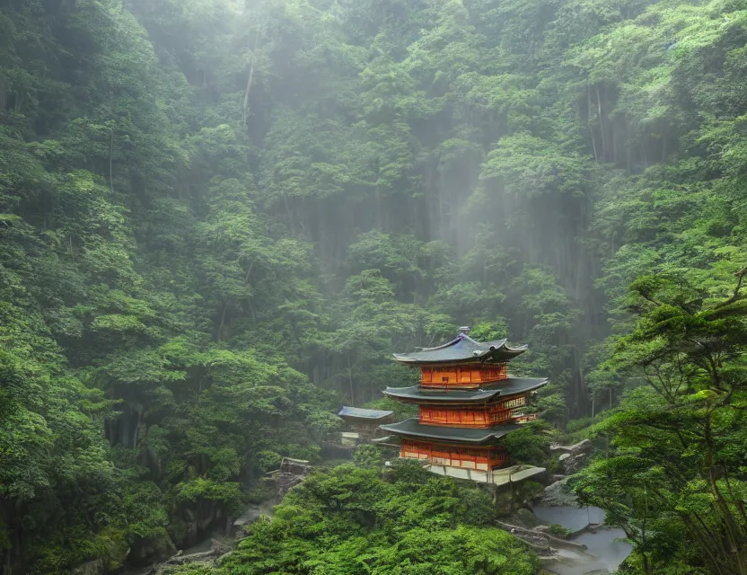 Image similar to a cinematic widescreen photo of epic ancient japanese hot springs temples on the top of a mountain in a misty bamboo cloud forest with waterfalls in winter by lee madgewick and studio ghibli