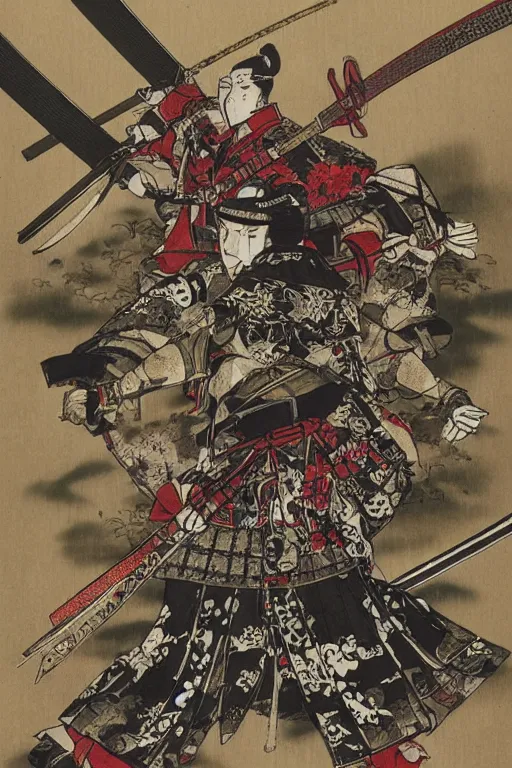 Prompt: elegant illustration of samurai warfare by Yoshitaka Amano