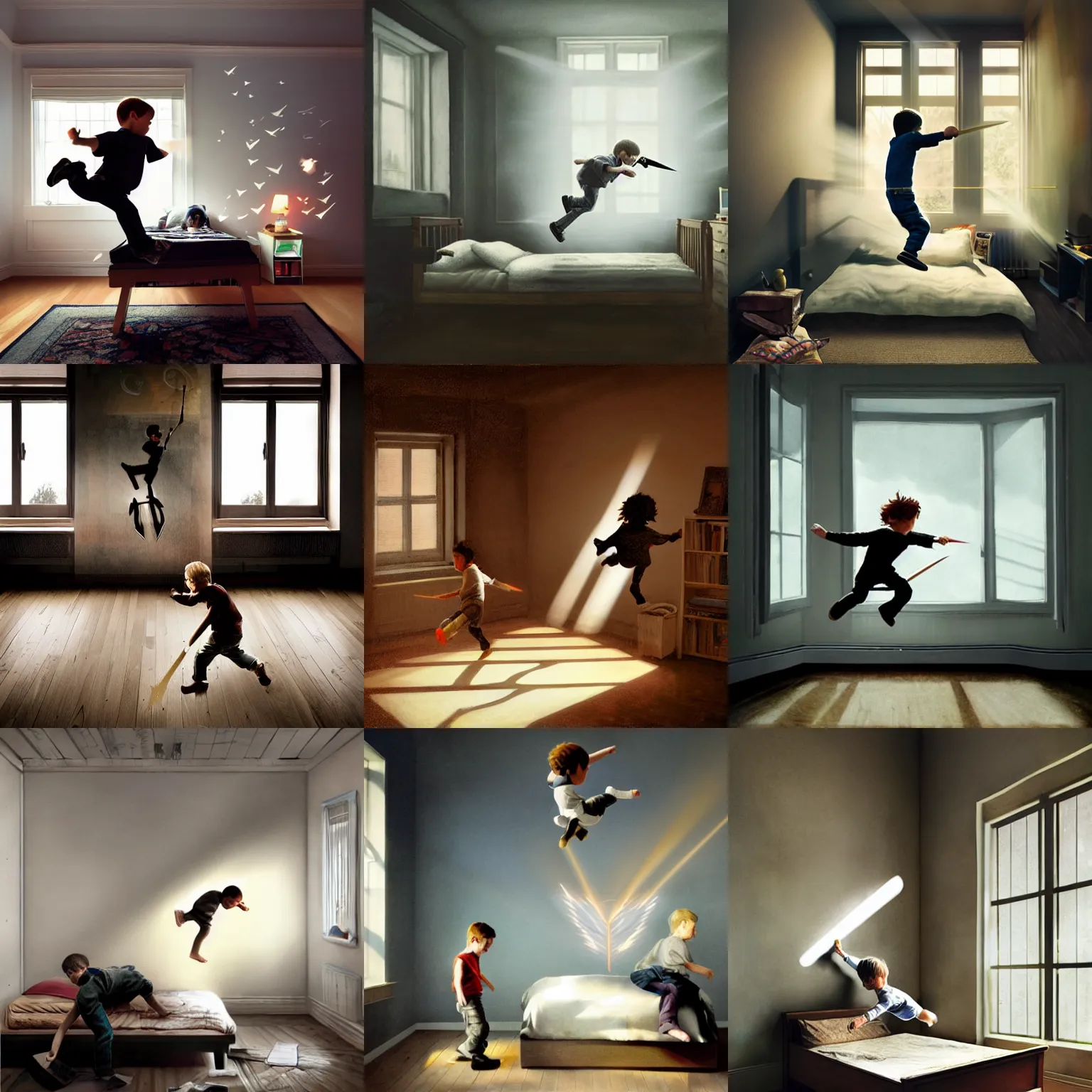 Prompt: little boy jumping over his bed playing with a wooden sword, big window, lightning rays, music, magical, posters on the wall, boy's room, high detail, jeremy geddes natural volumetric light