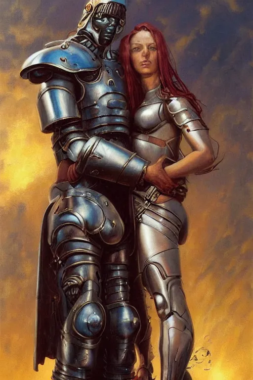 Image similar to a painting of a man in armor holding a woman, cyberpunk art by greg staples and by thomas blackshear and by michael whelan, cgsociety, fantasy art, dystopian art, androgynous, poster art