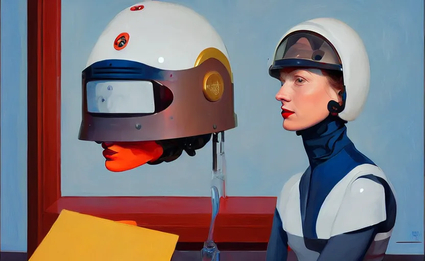 Image similar to Portrait of a woman engineer with helmet, very coherent, painted by Edward Hopper, painted by James Gilleard, airbrush, art by JamesJean