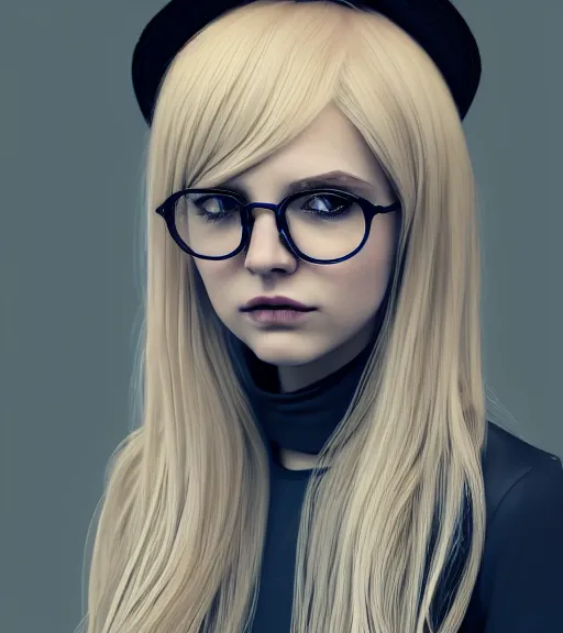 Prompt: award winning art of a beautiful detailed young woman with long blonde hair and a fringe, wearing thin-rimmed large round glasses, wearing modern gothic clothes, trending artstation, digital art, award winning art, aesthetic, 4K, realistic, octane render, Photograph