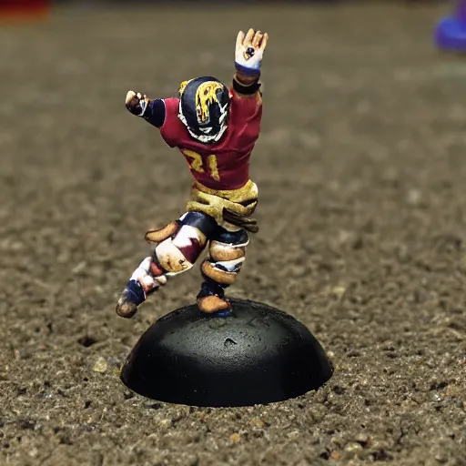 Image similar to blood bowl human catcher scoring touchdown on a desert pitch, looking into the camera, high quality photo,