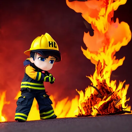 Prompt: heroic firefighter in action as nendoroid in black and yellow uniform, fire flames, sharp details, sharp focus, anime, disney, pixar, 8 k, hd, dof, kodak film, volumetric lighting, subsurface scattering, photorealistic, octane render, details