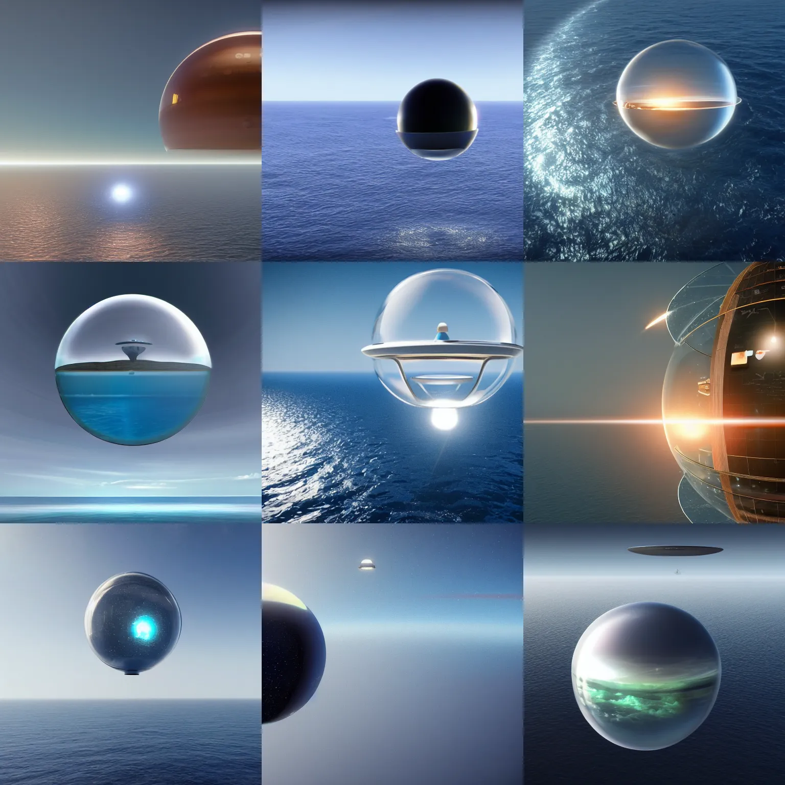 Prompt: A UFO hovers over the ocean. The UFO is a glass sphere. Inside the sphere is a dark cube, come on SD you can do this!, 8k photorealistic, HD, high details, concept art, trending on artstation