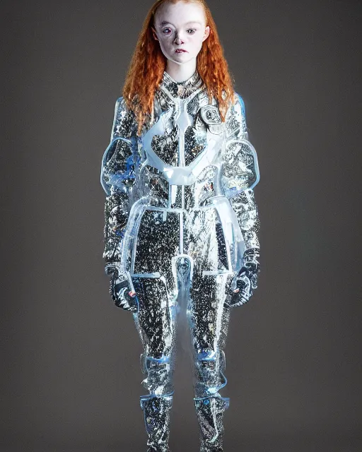 Prompt: full body shot of sadie sink dressed in futuristic cyberpunk clothing, soft diffused light, bjork aesthetic, translucent, by rineke dijkstra and artgerm, intricate details, highly detailed, masterpiece, 8 5 mm