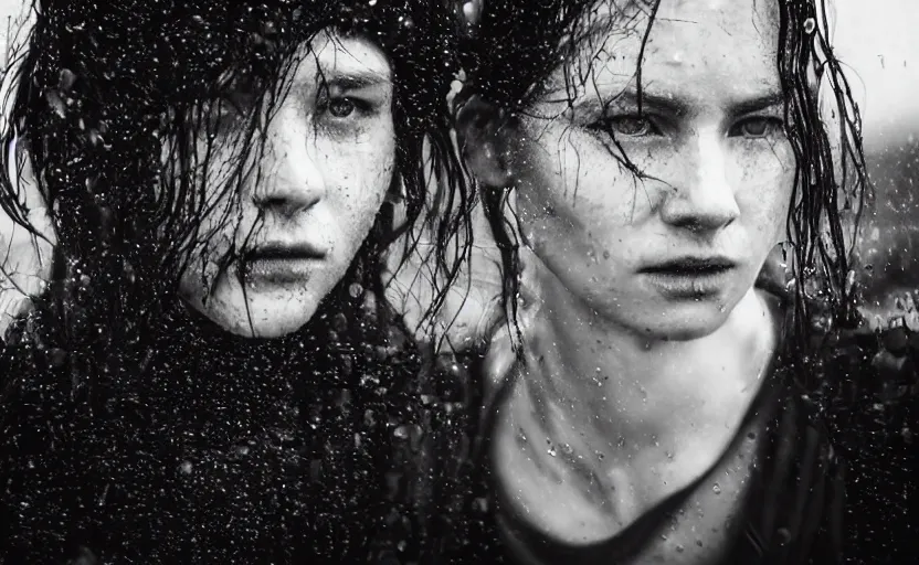 Image similar to cinestill 5 0 d candid photographic portrait by christopher nolan of two loving female androids wearing rugged black mesh techwear in treacherous waters, extreme closeup, modern cyberpunk moody emotional cinematic, pouring rain full moon, 8 k, hd, high resolution, 3 5 mm, f / 3 2, ultra realistic faces, ex machina