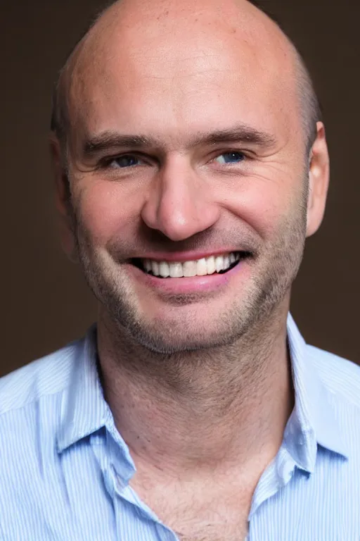 Image similar to full body color photograph of a balding, middle aged, brown haired, hairy, blue eyed, round faced, short white man dressed in a white shirt, smiling at the camera with perfect, straight white teeth